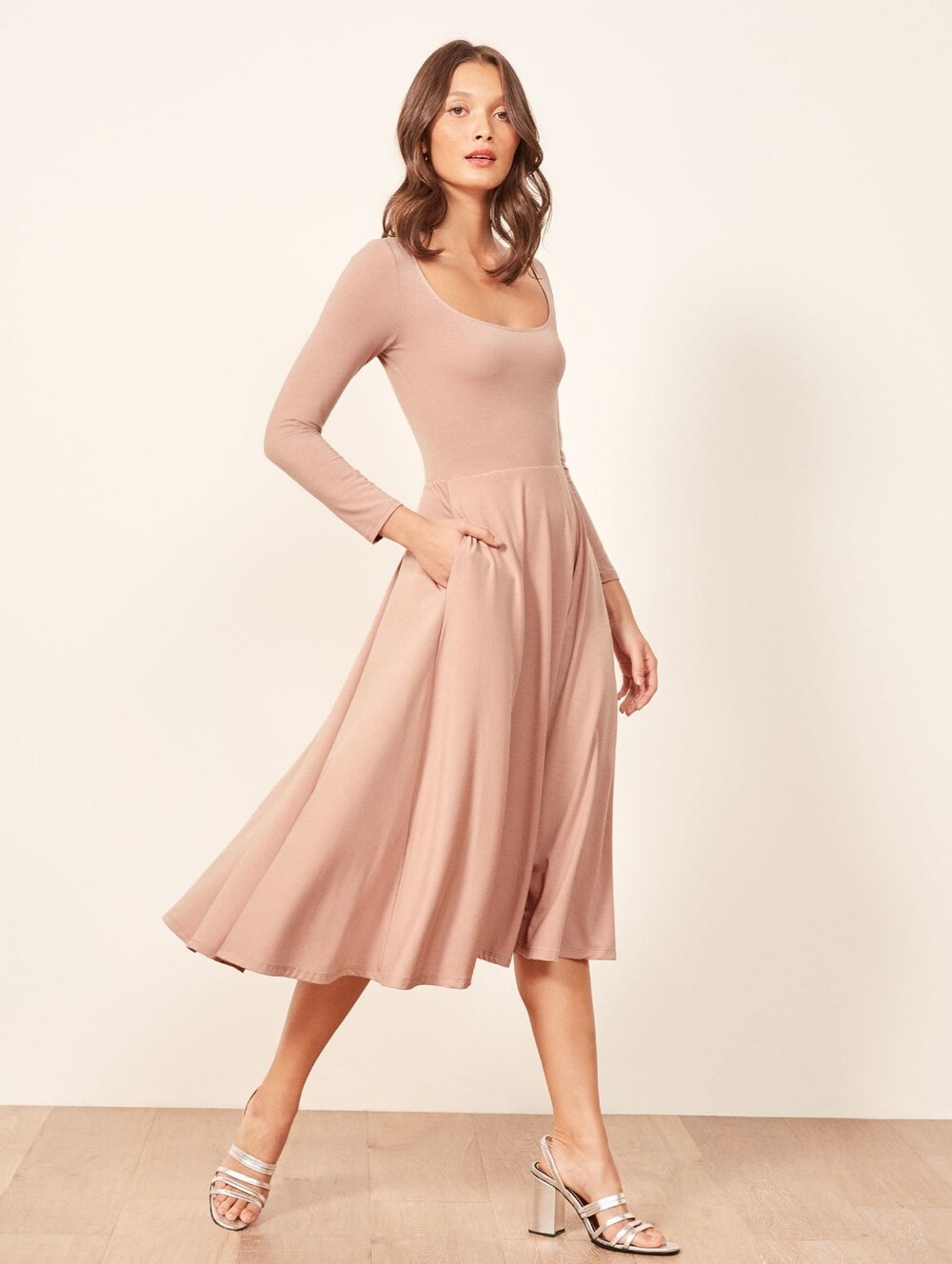 Reformation Blush Rose Pink Lou Scoop Neck Long Sleeve Parisian Midi Dress S
